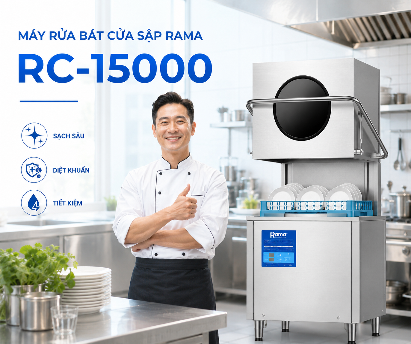 Máy rửa bát công nghiệp cửa sập Rama RC - 15000 cho bếp ăn tập trung