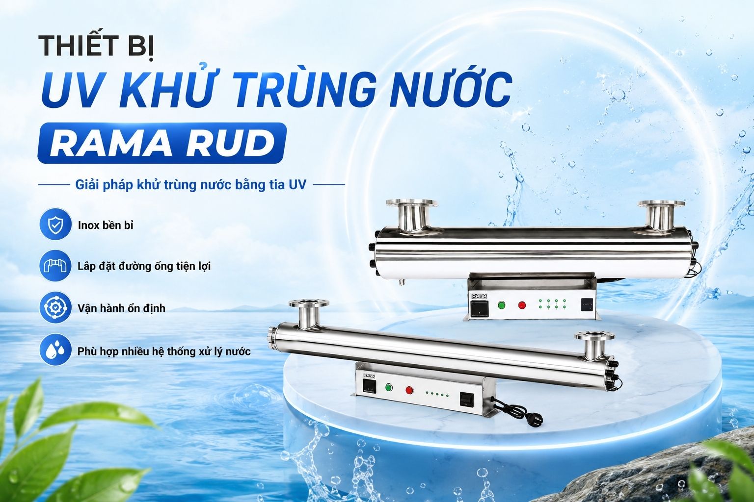 Thiết bị UV khử khuẩn nước nuôi trồng Rama RUD-7B80W cho hệ thống xử lý nước 45–50 m³/h